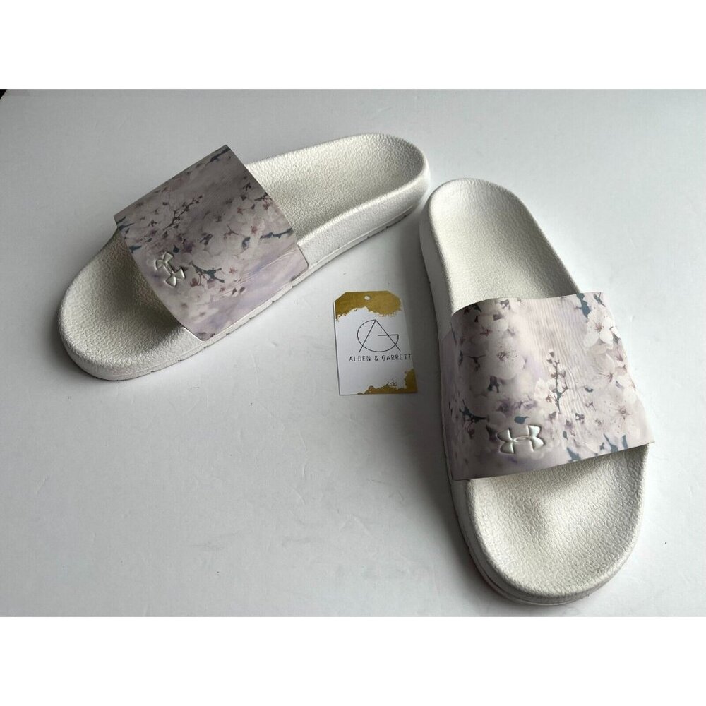Under Armour Unisex White & Purple Floral Slide Sandals, Size Men 13/Women 14.5